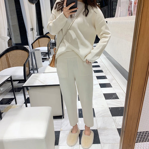 Women Cashmere Sweater Two Piece knitted Sets Slim Tracksuit 2019 Spring Autumn Fashion Sweatshirts Sporting Suit Female