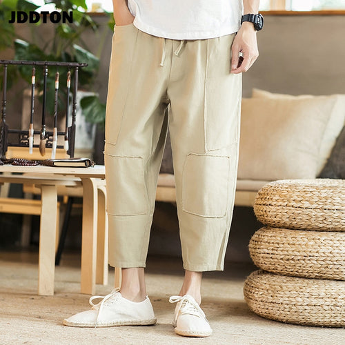 JDDTON Men‘s Cotton Linen Harem Pants Jogger Trousers Casual Loose Style Bloomers Fashion Drawstring Solid Splice Trousers JE146