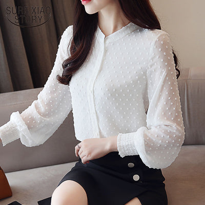 2019 New arrived women shirt sweet  female V collar wave point long-sleeved suntan  women blouse Korean style OL blusa 0974  30