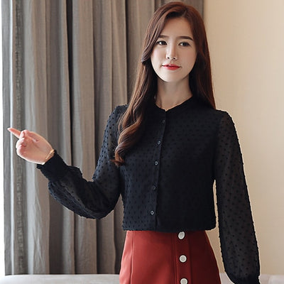 2019 New arrived women shirt sweet  female V collar wave point long-sleeved suntan  women blouse Korean style OL blusa 0974  30