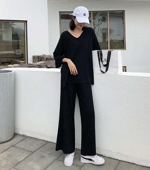 Knitting Female Sweater Pantsuit For Women Two Piece Set Knitted Pullover V-neck Long Sleeve Bandage Top Wide Leg Pants  Suit