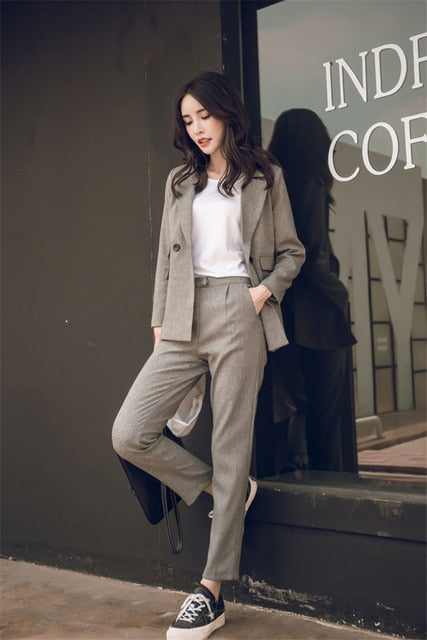 Women Suit Gray Casual Blazer & High Waist Pant Office Lady Notched Jacket Pant Suits Korean Femme 2 pieces set